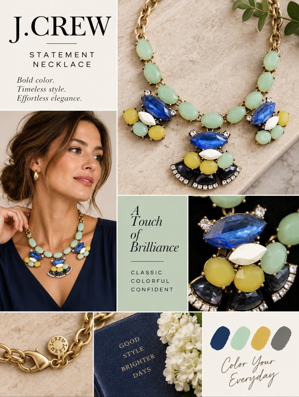 J.Crew Mixed Crystal Statement Bib Necklace Colorful Rhinestone Ancient Sky